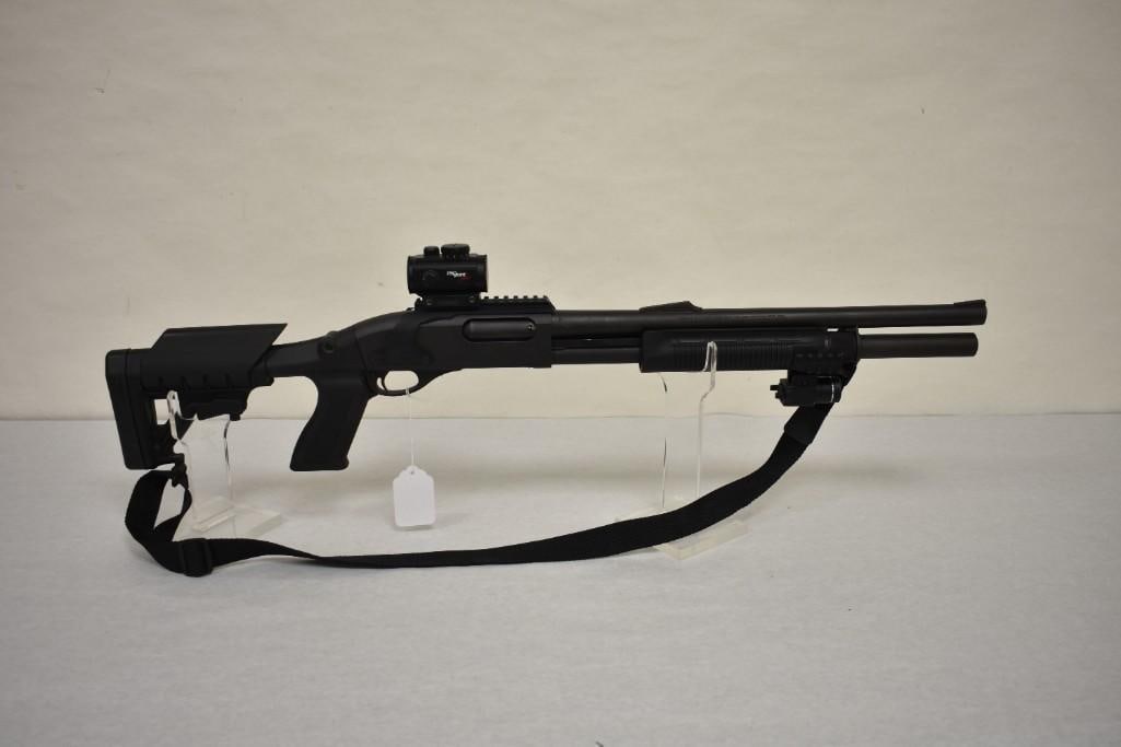 Gun. Remington 870 Express Magnum 12GA Shotgun: Magazine fed pump action shotgun. 18.25in barrel has a good bore. 3in chamber, Cylinder bore. Sights removed from barrel, red dot installed. Blue finish. Magazine extension, pistol grip stock, and lig