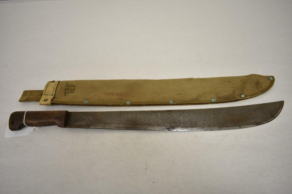 1944 U.S.N. US Navy Collins & Co. Machete w MK2 Scabbard: 1944 U.S.N. US Navy Collins & Co. Machete w Scabbard- wood handle,20" long blade and 22" cloth MK.2 scabbard