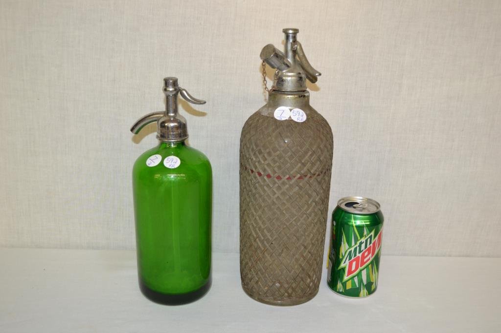 2 Art Deco Seltzer Bar Bottles: Green bottle is marked L. Cohen Rooevelt NJ Contents 26 Fl Oz.. Clear bottle is marked Sparklets Reg US Pat Off Do not fill above red line.