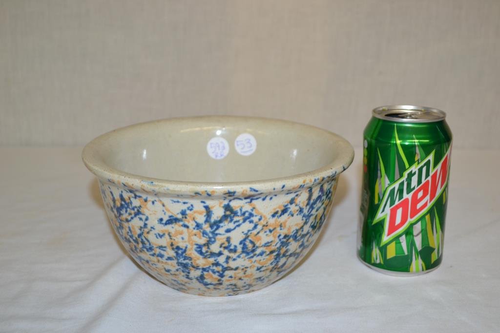 Advertising Spongeware Stoneware Mixing Bowl: Compliments of Geo Stuhler's Sons Co. Monticello, Iowa. Approx 8" wide and 4" tall.