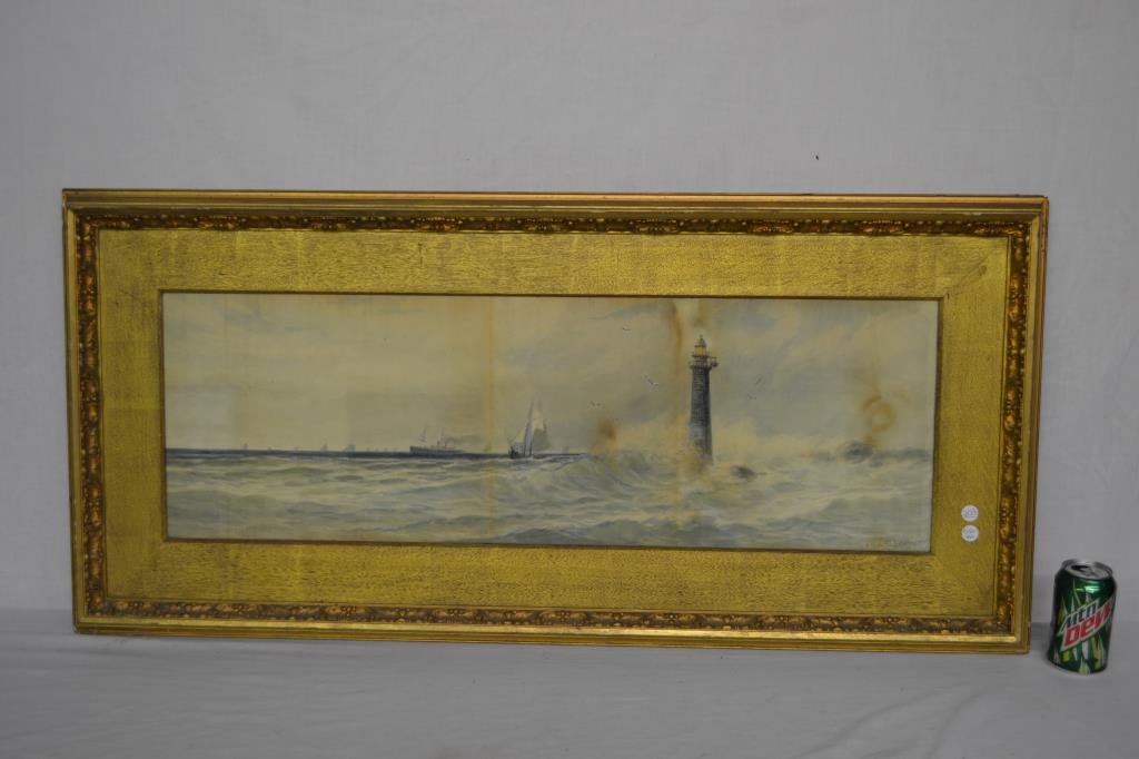 Otis S. Weber Signed Watercoler Lighthouse & Ships: Frame measures 45" x 21". Original water color has some staining present. Signed Otis S. Weber with 192? below signature. Shipping will be outsourced.