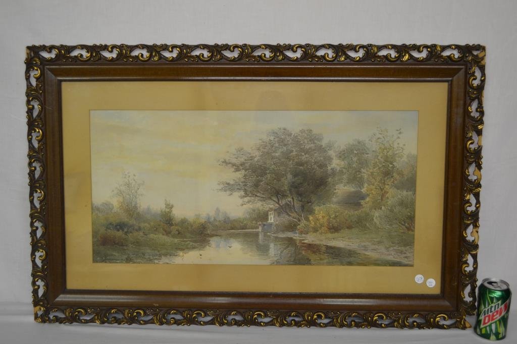 Framed Art Watercolor Signed: Watercolor of Mill, River and trees. Signed ?Krissman van Polton? Measures 38.5" x 24". Some loss to wood frame. Shipping will be outsourced.