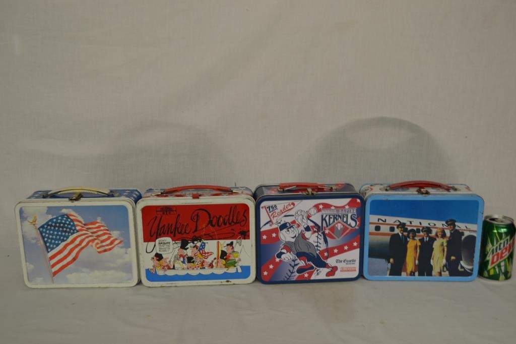 4 Vintage Metal Lunchboxes: Yankee Doodle, Cedar Rapids Kernals, Airliine, US Flag.