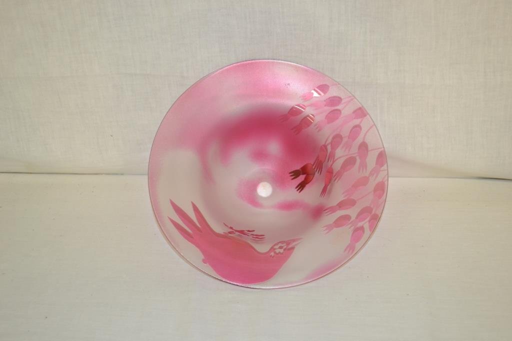 Kosta Urnik Cranberry & White Frosted Bowl w/Bird: Bottom of bowl is marked "Kosta Urnik 76-300". Bowl is approx 3.5" tall and 10.5" wide.