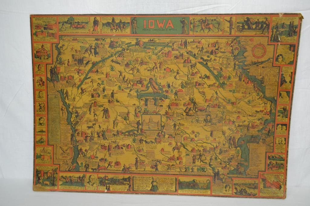 1934 Mildred Pelzer Iowa Pictoral Map on Board: Iowa Prairie Chronicles in Picture by Mildred W. Pelzer of Iowa City. 37" x 26". Map tells the story of Iowa politically, industrially, and agriculturally. Thanks to the Iowa State Historical Society 