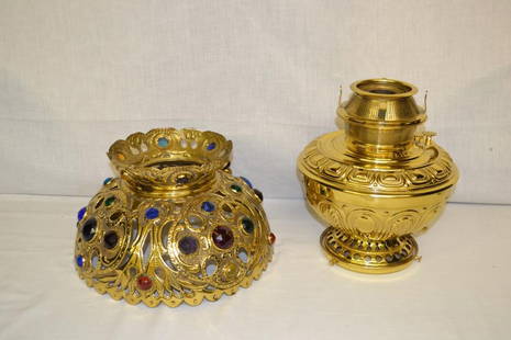 The B & H No. 89 Oil Lamp w/Jeweled Brass Shade: "The B. & H." no. 89 Pat Mar 27 & Apr 17, 1888. Bradley & Hubbad brass oil lamp with jeweled lamp shade. Approx 10" to top of burner. Shade support is missing.