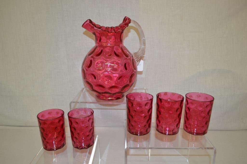 Cranberry Thumbprint Pitcher w/5 Glasses: Pitcher is 10" tall with applied handle. Glasses have some flea bites around rim.