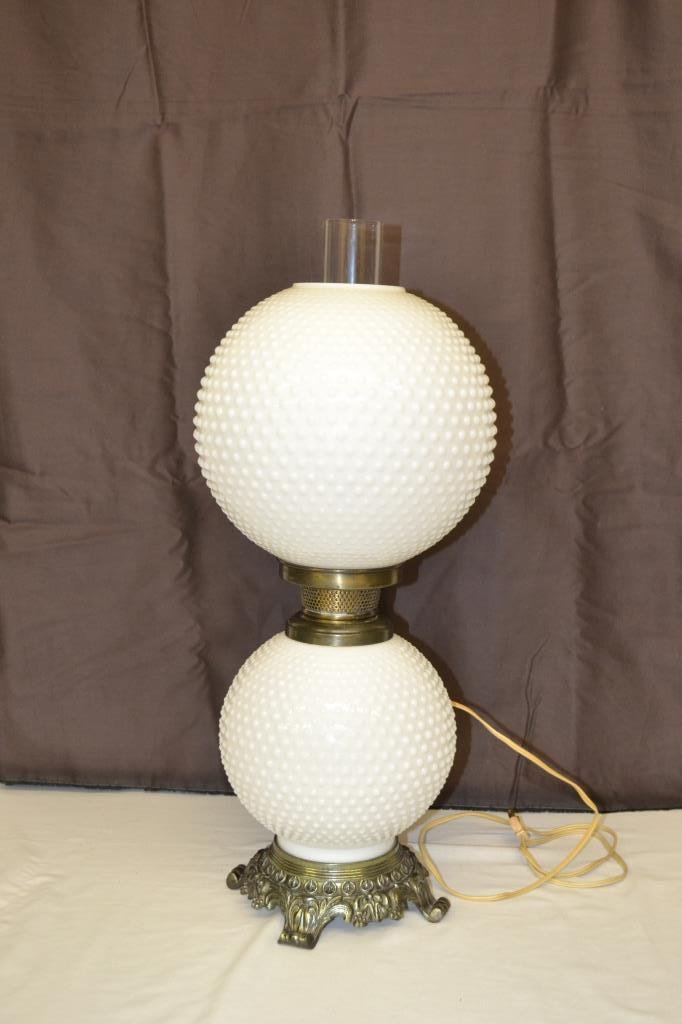 GWTW Milk Glass Hobnail Electric Lamp: Small chip to top rim of top shade. 24" to top of chimney. Shipping will be outsourced.