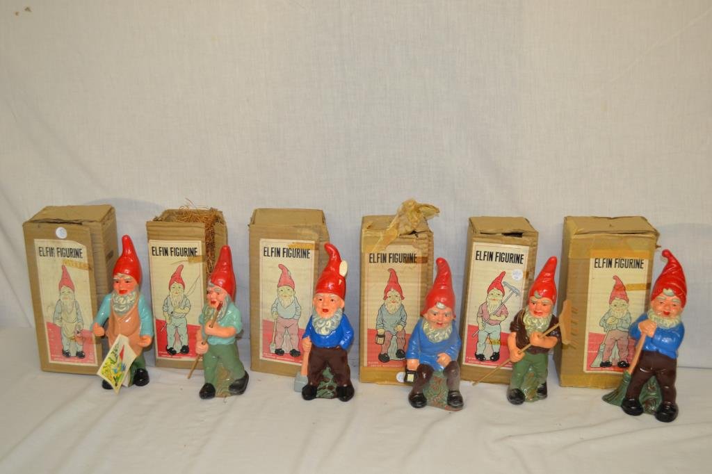 6 Gnome Elfin Figurines in Original Boxes: Garden and wall little people. Made by Nasco Product Japan. Approximately 10" tall.