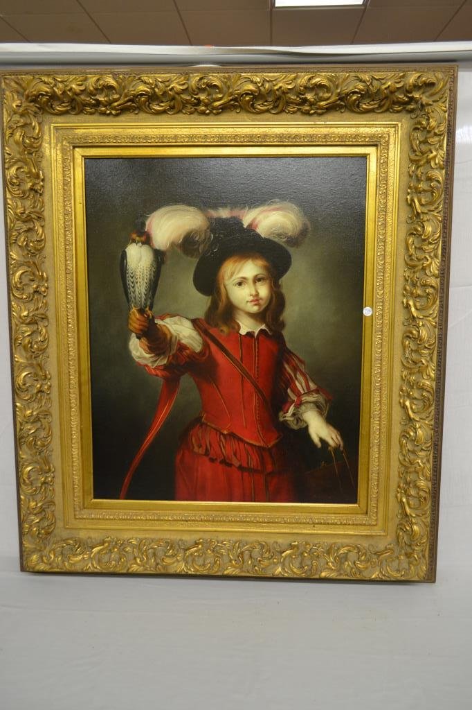 Oil on Canvas Painting of Young Boy by Antonkeisl?: Painting of a young boy with falcon. Gold Victorian style frame measures 43.5" x 37.5". Shipping will be outsourced.