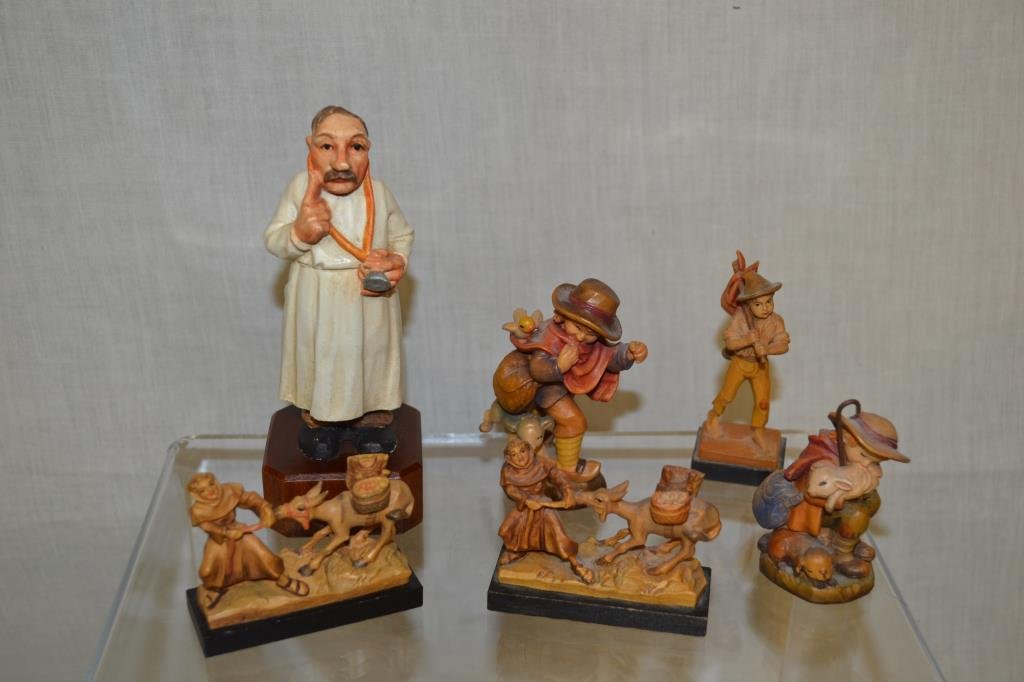 6 Anri Hand Carved Wooden Figurines: Largest is a Dr. ad measures 5.5". Some have Anri sticker and some have Anri metal medallion.