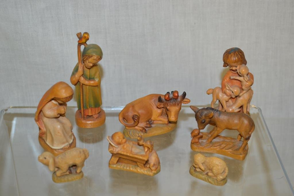 8 Anri Hand Carved Wooden Nativity Figures: Includes Mary and Joseph, baby Jesus, Shepard with lambs, 2 lambs, a donkey and a cow.