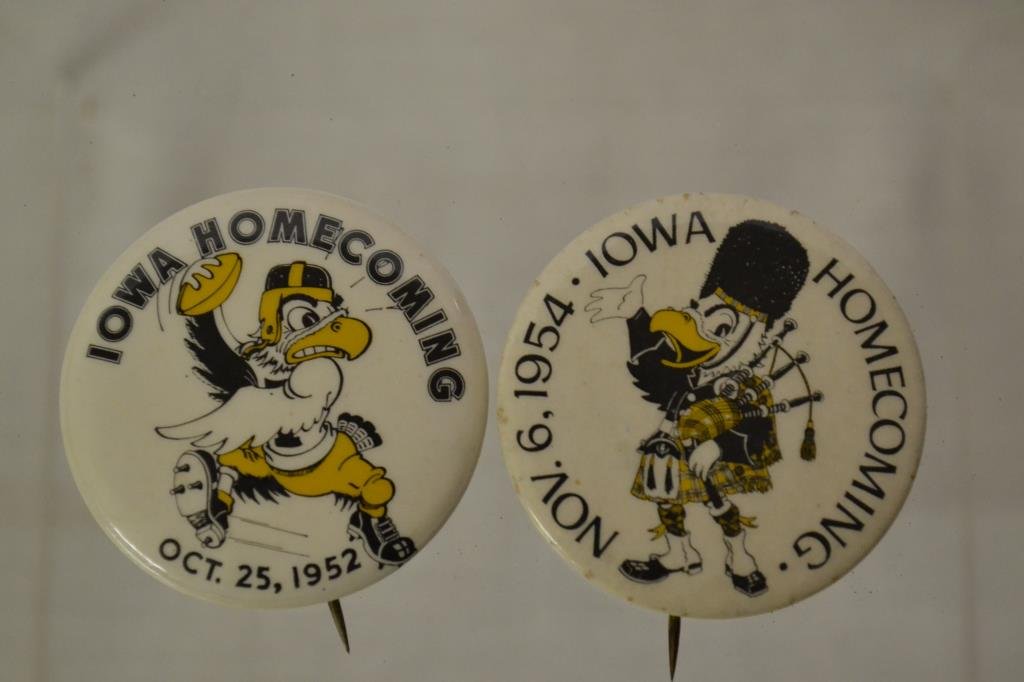 2 University of Iowa Hawkeye Homecoming Buttons: 1952 and 1954