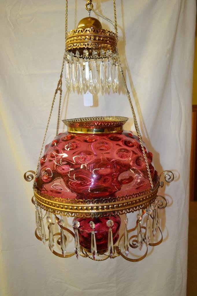 Antique Cranberry Bullseye Hanging Victorian Lamp (1 of 9)