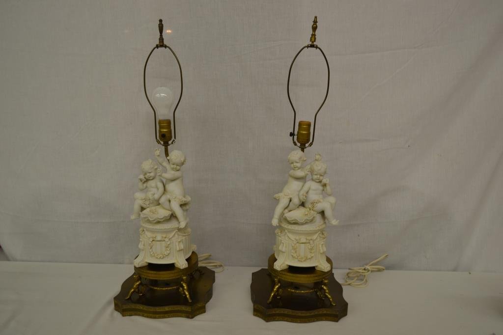Antique Brass, French Paris Porcelain Cherub Lamps (1 of 10)