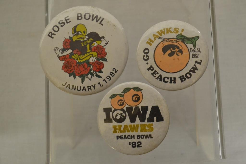 3 University of Iowa Hawkeye Football Bowl Buttons: Rosebowl January 1, 1982, Go Hawks Peach Bowl December 31, 1982, Iowa Hawks Peach Bowl 82.