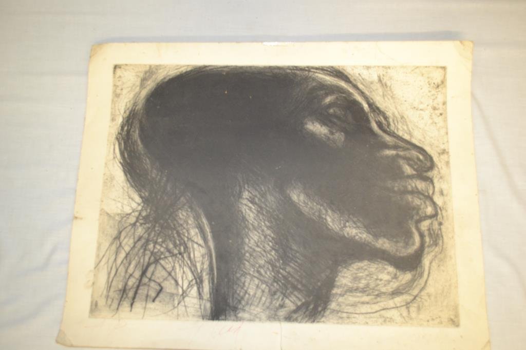 Charcoal Sketch Block Print by Sylvia Schuster: Schuester was an accomplished sketch artist in New York City and Moved to Iowa City IA in 2001. Block print is signed in red ink. Has damage around the outside. Actual print is soiled but in good cond