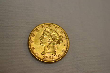 Coin. 1881 Liberty Head $5 Gold Coin: Beautiful $5 gold coin designed by Christian Gobrecht. Approx mintage in 1881 is 5,708,802.