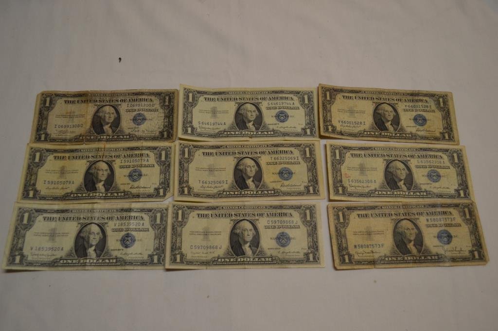Currency. 9 $1 Silver Certificates: 5 1935, 4 1957