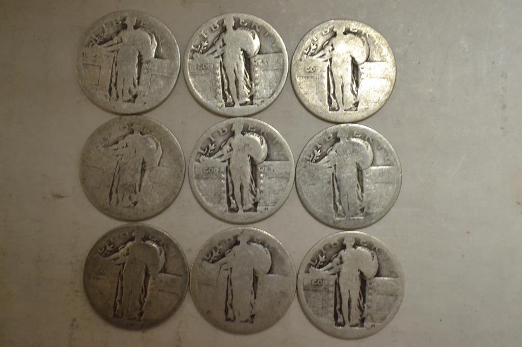 Coins. 9 Silver Standing Liberty Quarters (1 of 6)