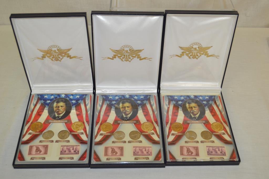 Coins. 3 Theodore Roosevelt Stamp & Coin Sets: In cases