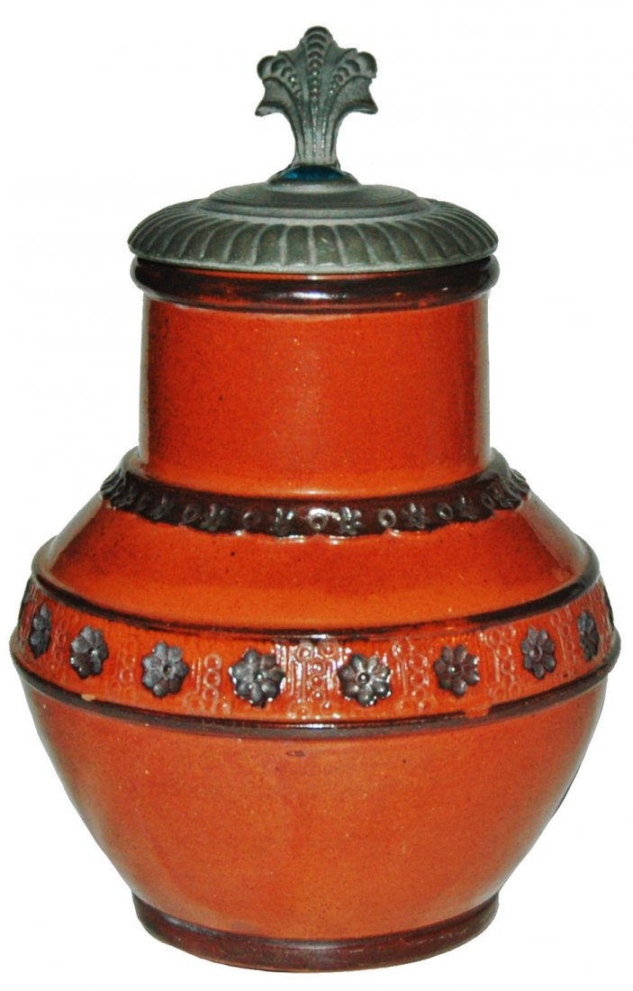 1850 Floral Redware 3/10L Stein w Inlay Lid: Pottery Redware 3/10L. Impressed floral design. Circa 1850. Small glass inlay lid.