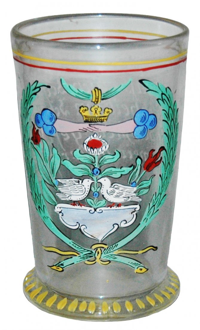 Enamel Floral & Verse Fritz Heckert Glass Beaker: Blown Glass 4 1/2” Beaker. Enameled floral and verse. Fritz Heckert. Mint.