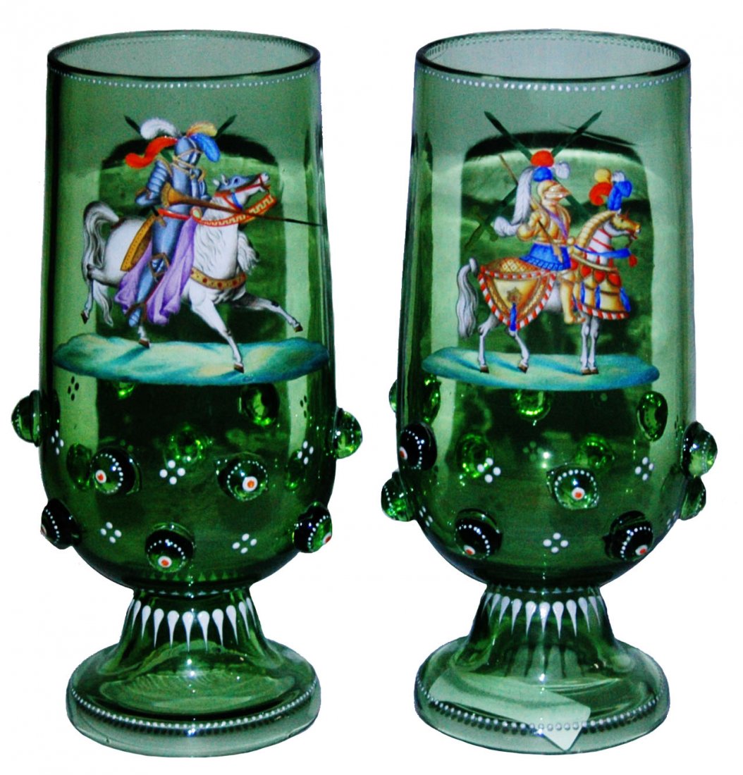 Pair of Glass Beakers w Jousting Knights & Prunts (1 of 1)