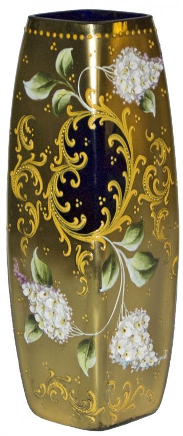 Moser Layered Flower square Cobalt Glass Vase: Blown Cobalt 9 1/2” Vase. Gilded square shaped body with raised enameled layered flowers. Moser Mint.