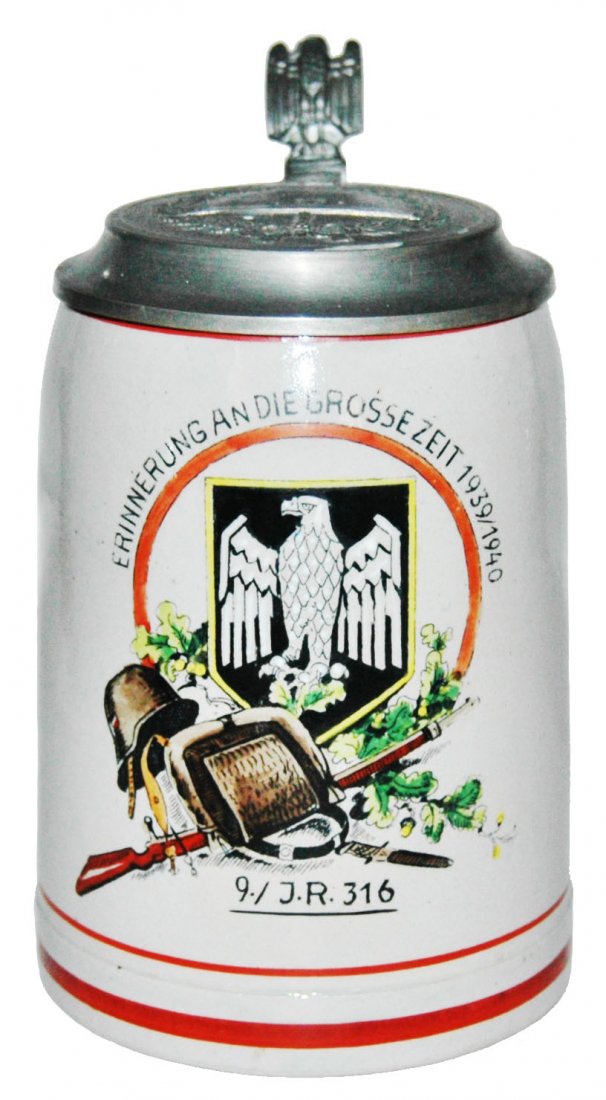 Third Reich Stoneware Stein w Relief Helmet Lid: Third Reich Stoneware POG 1/2L. “9./ J.R. 316 1939/1940.” Relief helmet lid. Mint.