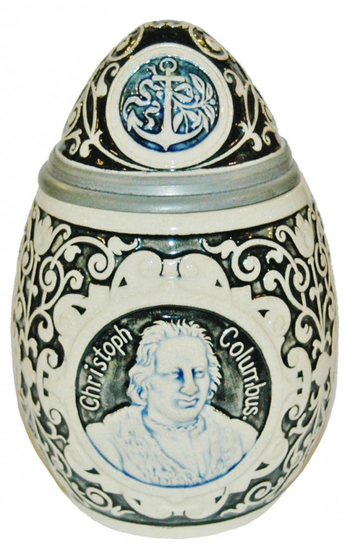 Christopher Columbus Egg Character Stein: Character Stein 1/2L Pottery. Egg with Christopher Columbus. Mint.