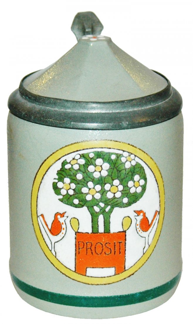 Tree Birds & Prosit Mettlach Stein w Inlay Lid: Mettlach #3079 Bavaria POG 1/2L. Tree, birds and “Prosit.” Inlay lid.