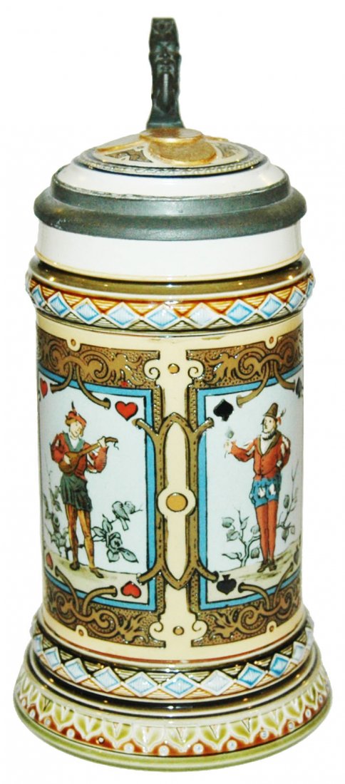 Mettlach Playing Cards Etched Stein w Inlay (1 of 1)