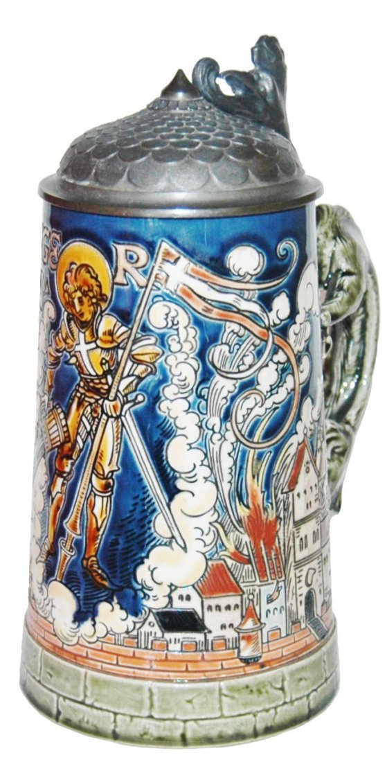 St Florian Mettlach Dragon Handle Etched Stein (1 of 1)