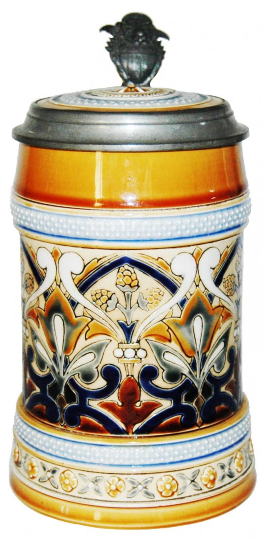 Floral Mosaic Mettlach Stein w Inlay Lid (1 of 1)