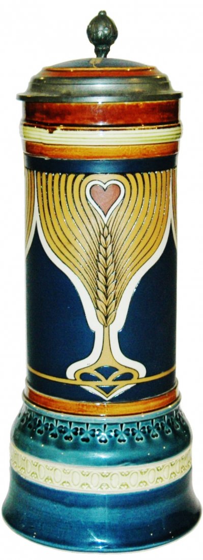 Art Nouveau Hearts & Wheat 2L Mettlach Stein: Mettlach #2801 Etched 2L. Art Nouveau hearts and wheat design. Inlay lid. Mint.