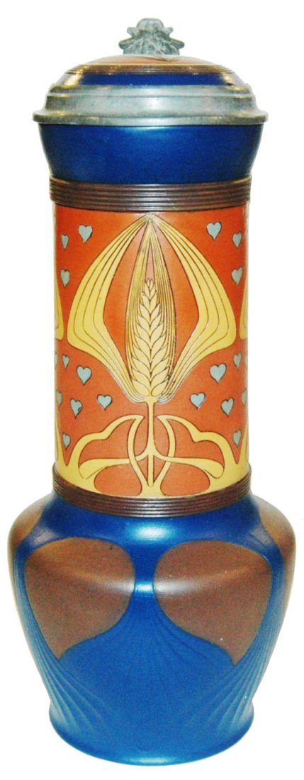 Art Nouveau Wheat & Hearts Mettlach 2L Stein Inlay (1 of 1)