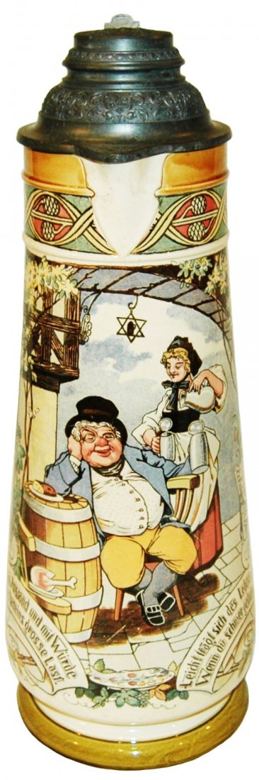 5L Fat Man & Barmaid Mettalch Stein w Fancy Lid: Mettlach #2702/1128 PUG 5L. Fat man with barmaid. Fancy pewter relief lid. Mint.