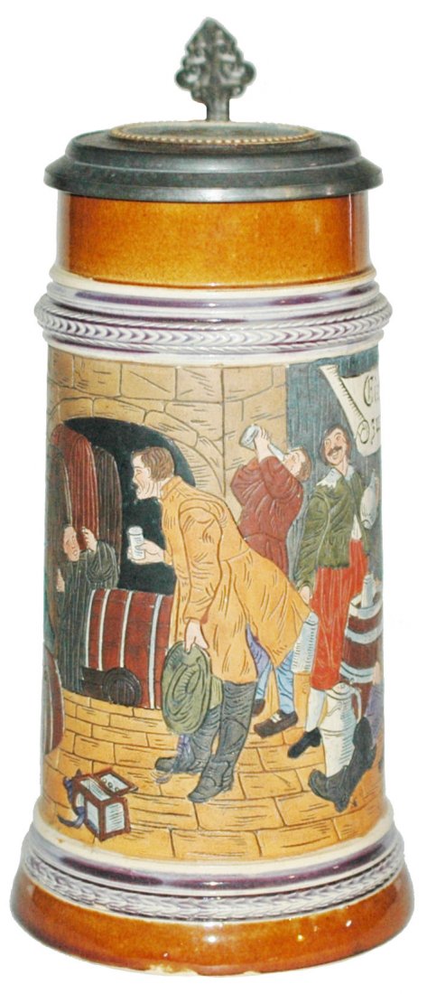 Men in Monks Wine Cellar 1L Stein w Inlay Lid: JW Remy #1296 Etched 1L. Men in monks wine cellar. Inlay lid. Mint.