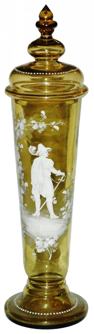 16" Glass Pokal wWhite Enamel Cavalier: Blown Amber Glass 16” Pokal. White enamel cavalier. Mint.