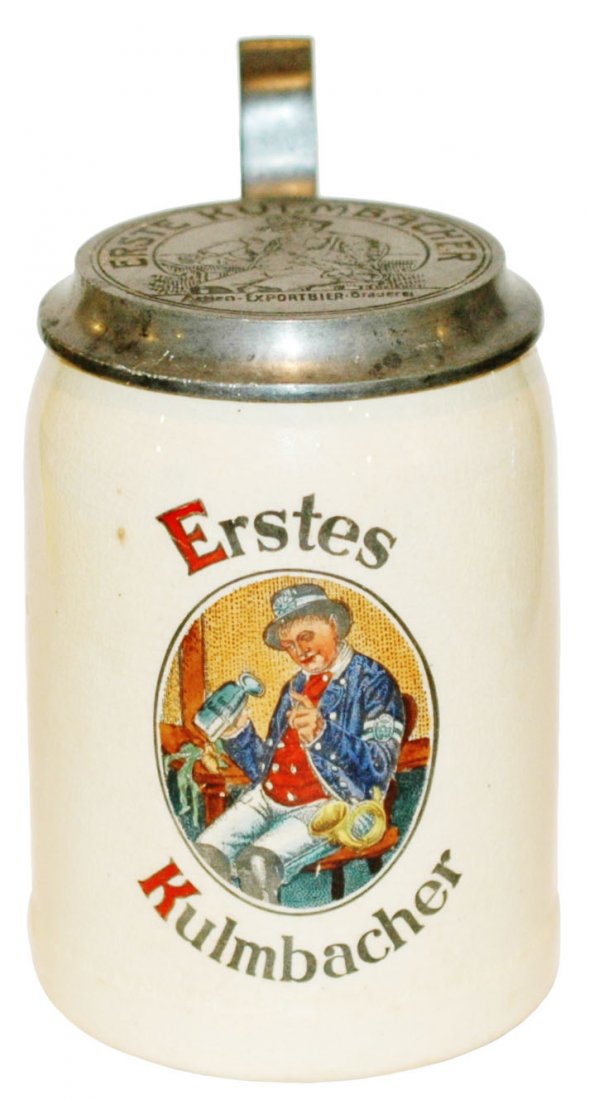 Erstes Kulmbacher Brewery Stein w Logo Lid: Pottery POG 1/2L. “Erstes Kulmbacher.” Matching logo lid. Mint.