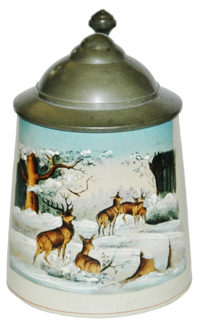 Stags in the Forest Stoneware Stein: Stoneware #1328 POG 1/2L. Stags in the forest. Mint.