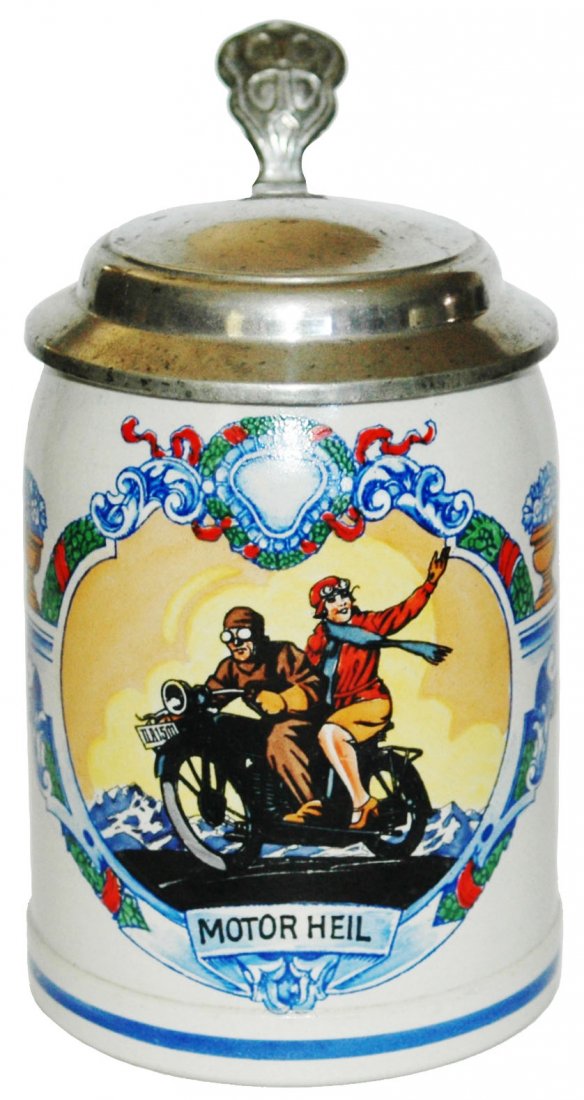 Couple Ride 1920's Motorcycle Wick Werk Stein: Stoneware Wick Werk POG 1/2L. Couple ride 1920's motorcycle. Mint.