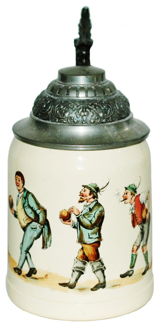 Van Hauten Mettlach Bowling People Stein: Mettlach #1526 POG 1/2L. Bowlers. Van Hauten. Mint.