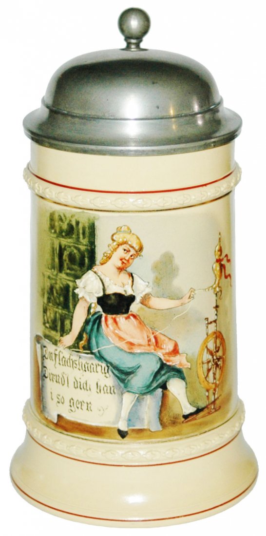 Woman w Spinning Wheel Mettlach Stein: Mettlach #406 POG 1/2L. Woman working spinning wheel. Mint.
