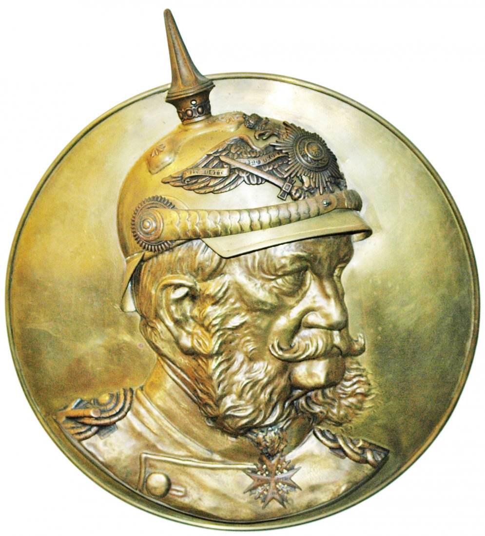 Unusual Brass Relief Wilhelm I w Helmet Plaque (1 of 1)