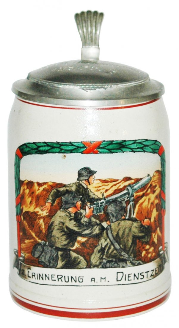 Regimental Machine Gun Scene Stoneware Stein: Stoneware POG 1/2L. Soldiers fire machine gun. Lid engraved “Fur guter L.M.G. Schiessen 16. E. F. R. 19.”