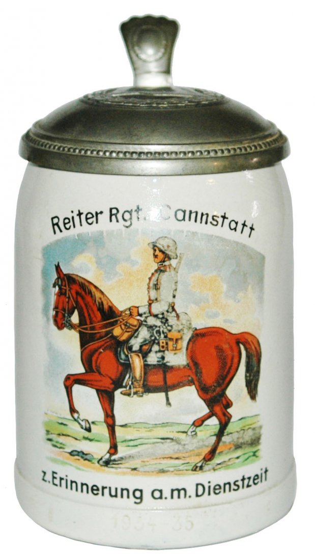Third Reich Stoneware Stein w Relief 3rd Reich Lid: Stoneware Wick Werk POG 1/2L. Third Reich. “Reiter Rgt. Connstatt.” Relief Third Reich lid. Mint.