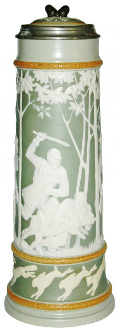 3L Mettlach Cameo Boar Hunt Scene w Rabbits Stein (1 of 1)