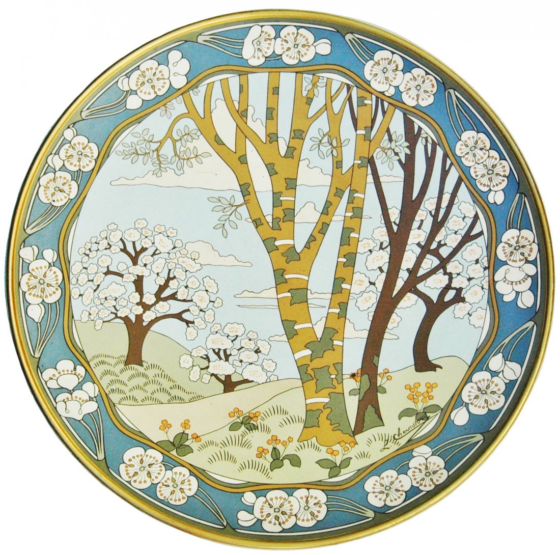 Dogwood Trees in Bloom Mettlach Etched 17" Plaque (1 of 1)